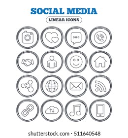 Social media icons. Speech bubble, lovers relationships and human person. Rss, share and mail envelope. Musical note, smartphone and smile. Circle flat buttons with linear icons. Vector