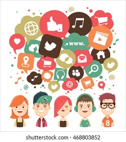 Social media icons in speech bubbles with group of young people