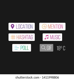 Social media icons stories. Questions, polls, locations, hashtags, countdown time in social networks. Icons of the history of social networks.