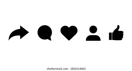 Social media icons. Thumb up and heart icon with repost and comment. Flat signs icons on white background.