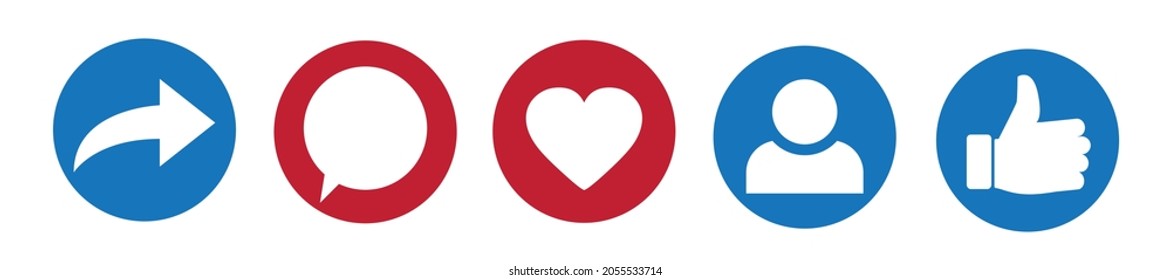 Social media icons thumb up and heart icon with repost and comment. Flat signs icons on white background. Vector