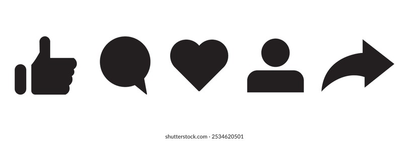 Social media icons thumb up and heart icon with repost and comment. Flat signs icons on white background. eps10