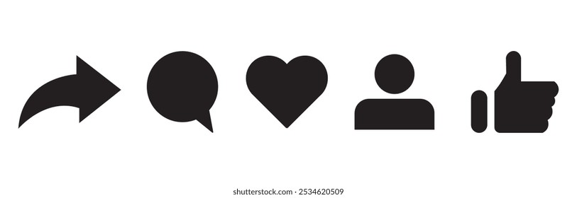 Social media icons thumb up and heart icon with repost and comment. Flat signs icons on white background. eps10