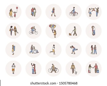 Social media icons with tiny pedestrians walking through the street