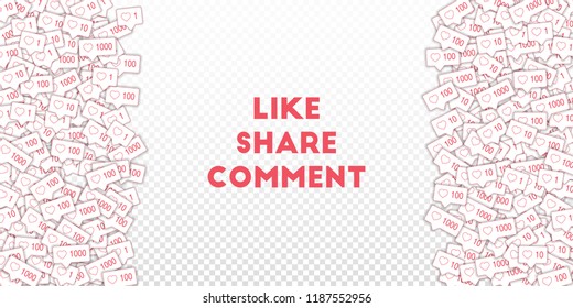 Social media icons. Transparent grid concept. Falling pink like counter. Right left border elements on transparent grid background.