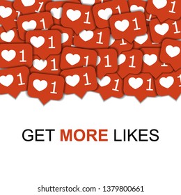 Social media icons vector in abstract shape background with hearts, marketing content viral around the world illustration. Get more likes concept, text.