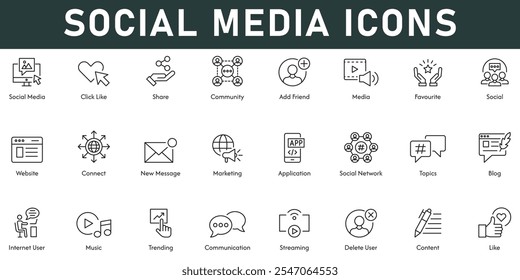 Ilustración vectorial de iconos de redes sociales con trazo editable de línea delgada que contiene compartir comunidad agregar amigo Sitio web social nuevo mensaje marketing red social comunicación de blog como