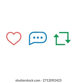 Social media icons vector, like comment share symbols, engagement buttons illustration, UI icons pack, minimalist interaction icons, digital marketing elements, and social engagement vector art