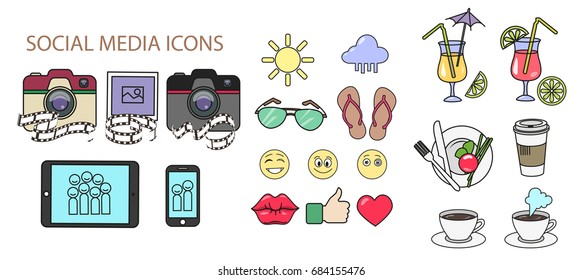 Social media icons vector. Set photo, like, heart, film, food, game, holiday.