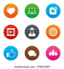 Social media icons. Video, share and chat signs. Human, photo camera and like symbols. Stars label button with flat icons. Vector