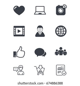 Social media icons. Video, share and chat signs. Human, photo camera and like symbols. Customer service, Shopping cart and Report line signs. Online shopping and Statistics. Vector
