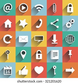Social media icons. Web and mobile app. White icon with long shadows with colored squares. Vector  illustration. design elements web site. Flat design. Set of social media buttons.