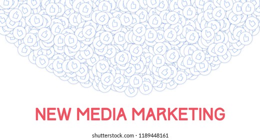 Social media icons. White concept. Falling scattered thumbs up. Top semicircle elements on transparent grid background.
