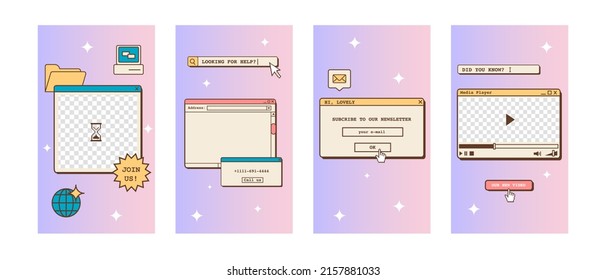 Social media ig story templates in old school nostalgic design and computer interface elements  Retro 80s 90s aesthetic backgrounds  Set vintage vertical banners in vaporwave Y2K style  Vector 