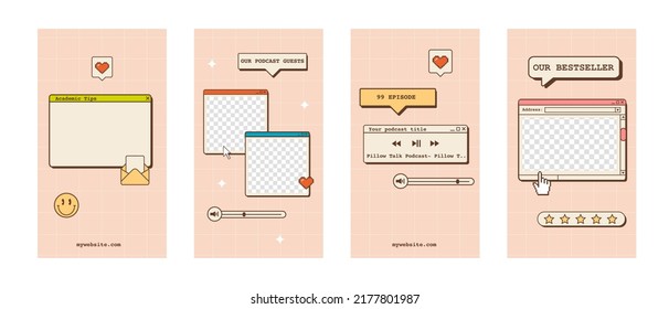 Social media ig story templates in old school nostalgic design with computer interface elements. Retro 80s 90s aesthetic backgrounds. Set of vintage vertical banners in vaporwave Y2K style. Vector