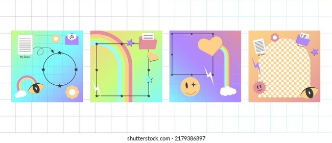 Social media ig template for y2k style stories. Vaporwave good vibes posts with 90s mood. Retro graphic for old ones.