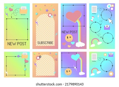 Social media ig template for y2k style stories   posts  Psychedelic pin idea and retro elements   frame 
