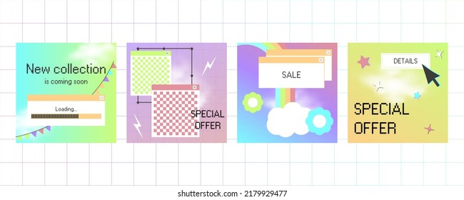 Social media ig template for y2k style stories with realistic clouds. Special offer post mockup. Loading window for new collection announcement. 