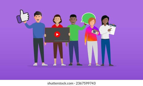 Social media illustration concept. Simple flat happy vector characters holding social media platform abstract icons. Easy to edit flat modern trendy style.