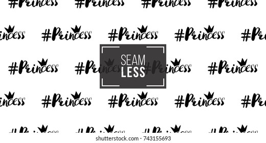Social media illustration, seamless pattern with princess hashtag. Vector fashion backdrop, isolated elements on white background.