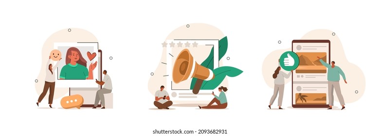 Social media illustration set. Characters integrating with social media platform. Followers leaving reaction on posts, giving feedback, likes and writing comments. Vector illustration.