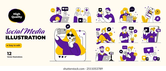 Conjunto de ilustrações de Mídia Social. Personagens segurando smartphones, dispositivos digitais, usando aplicativos móveis, mídias sociais, internet para comunicação on-line. Ilustração de vetor plano