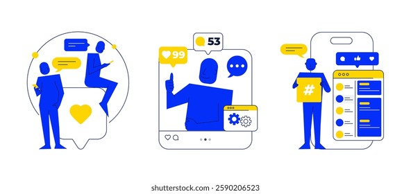 Social Media illustration set. Characters holding smartphones, digital devices, using mobile apps, social media, internet for online communication. Flat vector illustration