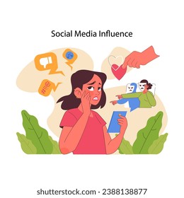 Social media impact concept. Distressed girl processing mixed online reactions: likes, comments, and criticism. Emotional toll of digital interactions. Judgement and hate. Flat vector illustration