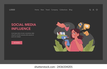 Social media impact dark or night mode web, landing. Distressed girl facing social media pressure by likes, comments, and criticism. Emotional influence, judgement and hate. Flat vector illustration
