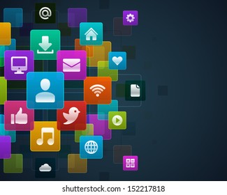 Social media infigraphics icons and mobile phone vector background 