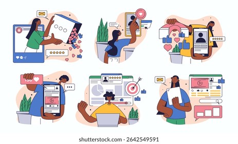 Conceito de influência das mídias sociais definido para web design. Coleção com pessoas desenvolvendo blogs, fazendo posts de propaganda, atraindo seguidores, mais. Ilustração de vetor plano isolada em fundo branco.