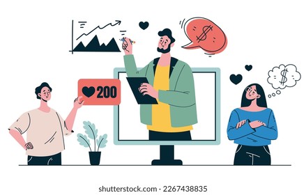 Social media influence content advertising personal online broadcast with followers and feedback. Graphic design vector illustration
