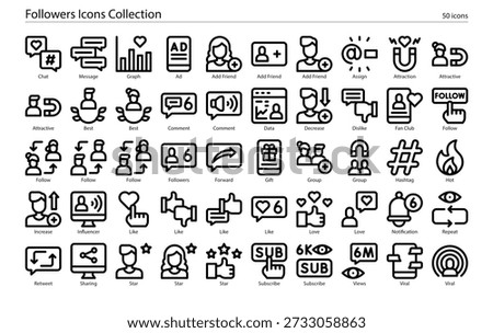 Social media and influence icons featuring audience metrics, social following, influence measurement, and social metrics symbols.
