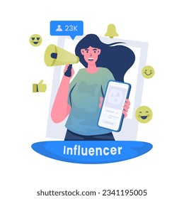 Social media influencer with afiliate program marketing flat illustration