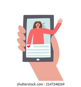 Social media influencer blogger concept. A hand is holding a smartphone with a woman waving her hand and talking. Vector flat illustration.