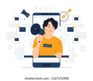 Social media influencer broadcasting, marketing, announcement in megaphone for advertising message to clients concept illustration