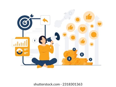 Social media influencer broadcasting, marketing, announcement in megaphone for advertising message to clients concept illustration