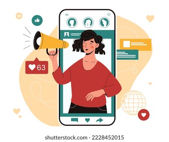 Social media influencer. Communication on Internet and instant messengers, promotion of goods or services. Modern methods of marketing. Poster or banner for website. Cartoon flat vector illustration