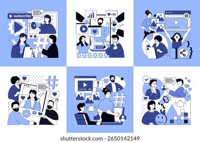 Social media influencer concept of social media banners set for web design. People creating posts with photos and advertising, online promotion, communicating with followers. Vector illustrations.