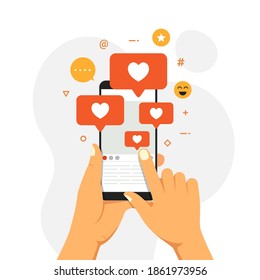 Social Media Influencer Concept Showing people bringing likes and reactions to a social media profile on a smartphone for get engagement. hand with phone vector illustration