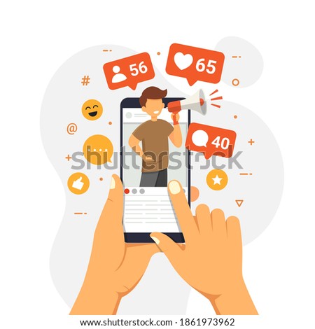 Social Media Influencer Concept Showing people bringing likes and reactions to a social media profile on a smartphone for get engagement. hand with phone vector illustration