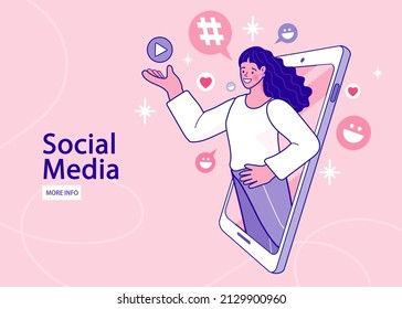 Social media influencer. Different social media icons. Reative blogging campaign landing page. online education, people of creative job, seo marketing concept. Vector illustration in flat style.