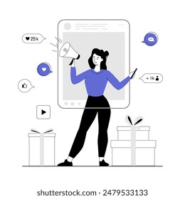 Social media influencer. Digital promotion concept. Brand advertisement in social media blog. Digital marketing campaign. Vector illustration with line people for web design.	
