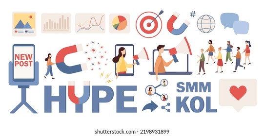 Social Media Influencer Icon Set. Blogger. Key Opinion Leader. KOL. Hype. Influencer Marketing. SMM Concept. Vector Flat Illustration 