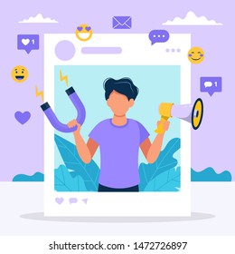 Social Media Influencer. Illustration With Man Holding Megaphone And Magnet In The Social Profile Frame. Different Social Media Icons. Vector Illustration In Flat Style