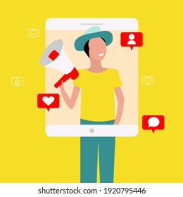 Social media influencer. Illustration with man holding megaphone in the social profile frame. Vector illustration in flat style