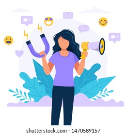 Social Media Influencer. Illustration With Woman Holding Megaphone And Magnet. Different Social Media Icons. Vector Illustration In Flat Style