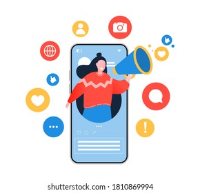 Social media influencer. Illustration with woman holding megaphone. Different social media icons. Vector illustration in flat style.
