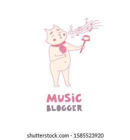 Social media influencer, key opinion leader. Kawaii cat music blogger taking selfie and live streaming to the followers while singing. Cute doodle vector illustration in hand drawn flat style