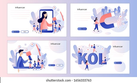 Social media influencer. Key Opinion Leader. Influencer marketing. Screen template for mobile smart phone, landing page, template, ui, web, mobile app, poster,banner. Modern flat cartoon style. Vector